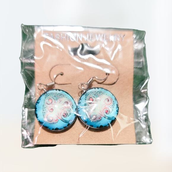 Boutique new blue double sided dome Tree of Life spade earrings - Picture 2 of 6